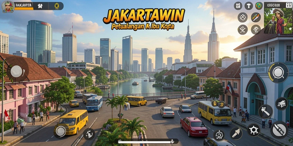 Tampilan gameplay JAKARTAWIN yang menakjubkan saat menjelajahi Jakarta.
