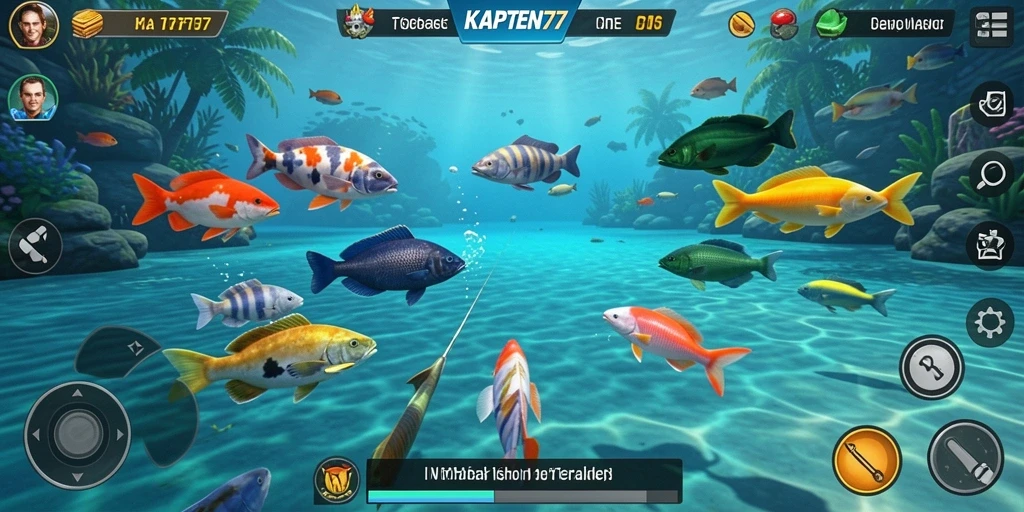 Screenshot gameplay KAPTEN77 menampilkan aksi seru menangkap ikan.