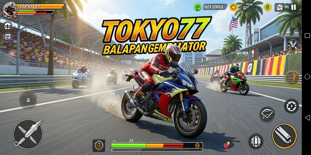 Screenshot utama TOKYO77 menampilkan aksi balapan motor yang mendebarkan.